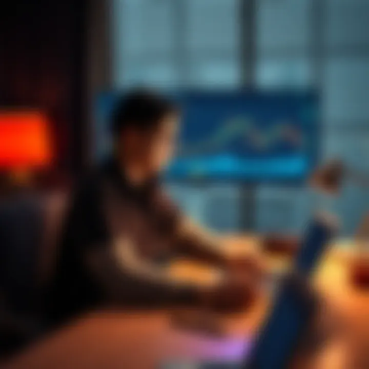 A person sitting at a desk with a laptop, looking at charts for Ethereum and Solana, contemplating an investment decision.