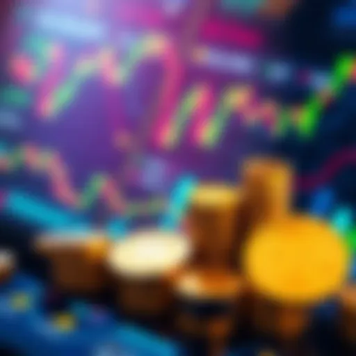 A graphic representation of investing in decentralized finance strategies with charts and coins symbolizing long-term gains and dollar-cost averaging.