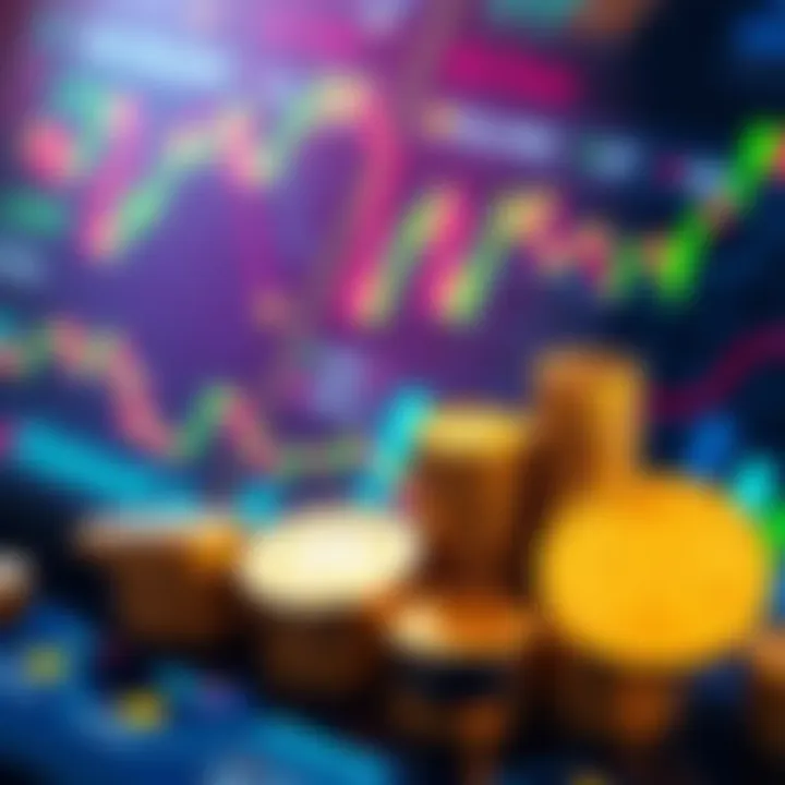 A graphic representation of investing in decentralized finance strategies with charts and coins symbolizing long-term gains and dollar-cost averaging.