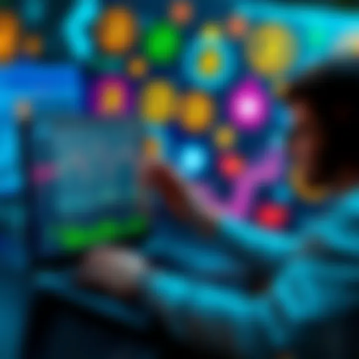 A person analyzing cryptocurrency charts on a laptop with meme coin logos in the background, symbolizing community engagement and charitable goals.