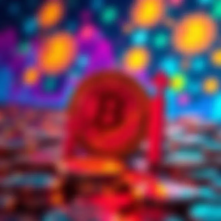 A graphic showing a glowing token with upward arrows representing growth and investment, set against a backdrop of digital currency symbols.