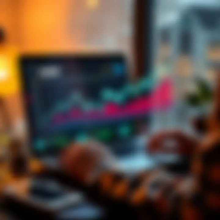 A person researching XRP investments on a laptop while reviewing a graph showing long-term growth trends in cryptocurrency.