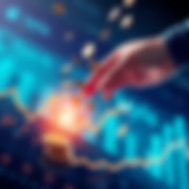 A graph showing a downward trend with a hand reaching for falling coins, symbolizing the chance to invest while prices are low.