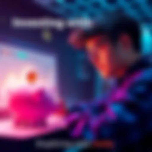 A visual representation of a person examining investment options, showing a graph with a 60% increase, and a piggy bank symbolizing savings.