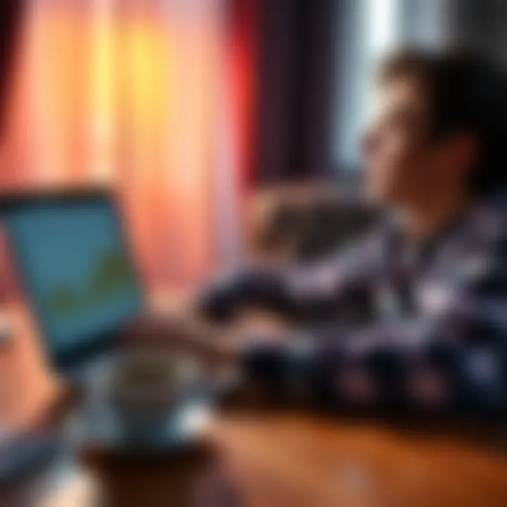 Investing without Stress A person looking relieved while checking their investment portfolio on a laptop with graphs showing steady growth, a cup of coffee nearby for comfort.