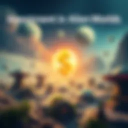 A vibrant scene of a futuristic landscape filled with unique alien structures and a glowing cash symbol, representing investment opportunities in otherworldly markets.