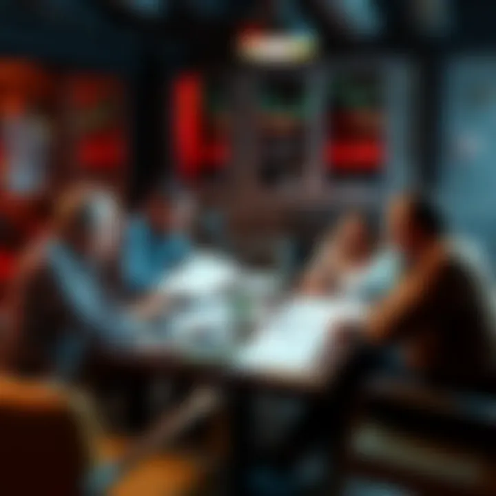 A group of people discussing various investment strategies in a casual setting, with charts and papers on the table