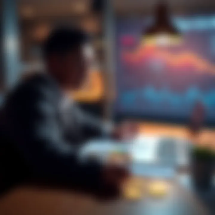 A person sitting at a table, looking at charts and cryptocurrencies like Bitcoin and Ethereum, while considering altcoins like Cardano and Chainlink.