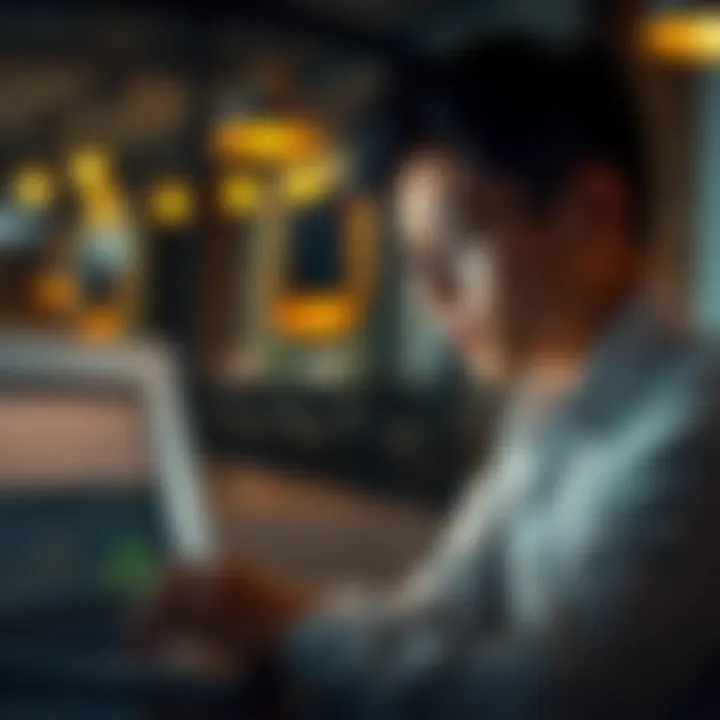 A young adult looking at a laptop screen with charts and financial information, considering investment options with a thoughtful expression.