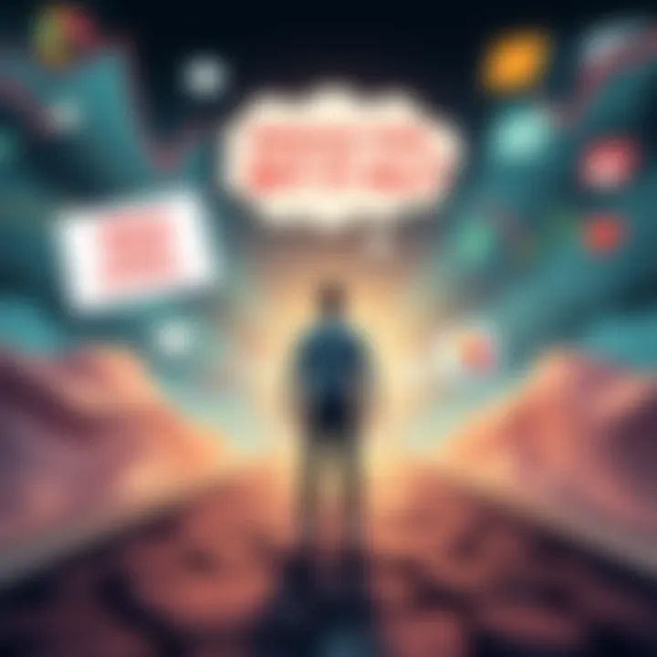 A person stands at a financial crossroads, contemplating dropping prices on various assets. Charts and graphs show declining trends, while a thought bubble displays investment choices and risks.