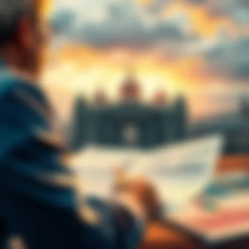 A person analyzing financial documents and a graphic of a historic landmark, contemplating the value of investing in such properties.