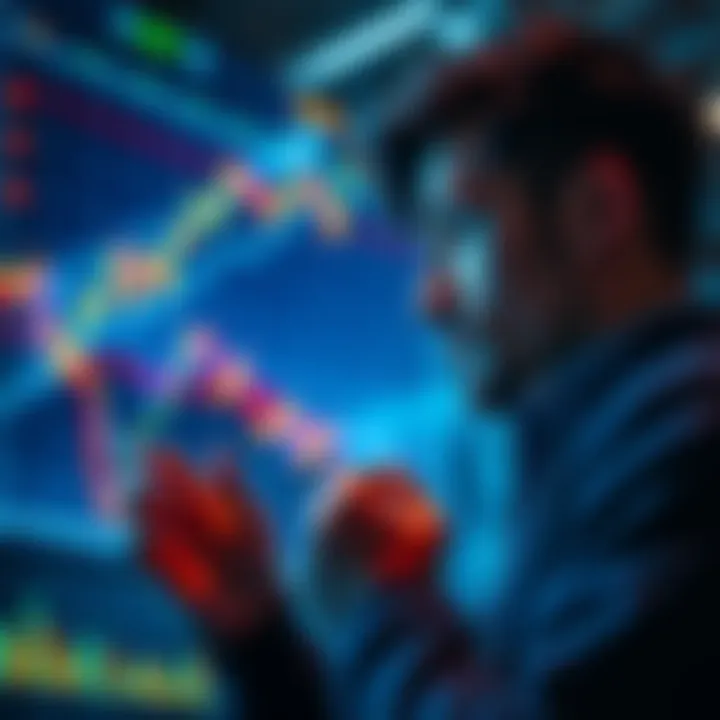 A person looking at a stock market chart with a thoughtful expression, considering investment options during low prices.