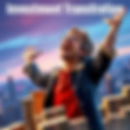 A person joyfully celebrating financial success with a backdrop of a city skyline and stacks of money, symbolizing wealth accumulation over time.