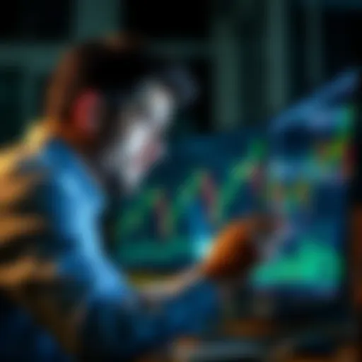 A focused investor looks at market trends on a computer screen, considering strategies for buying the dip in financial markets.