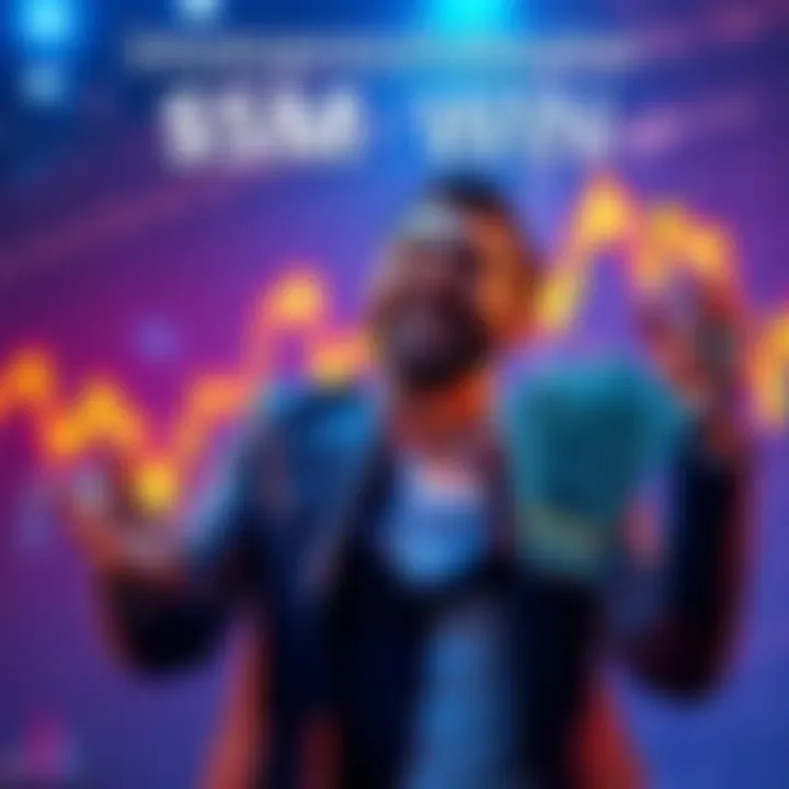 A happy investor holding cash with a graph showing market peak in the background