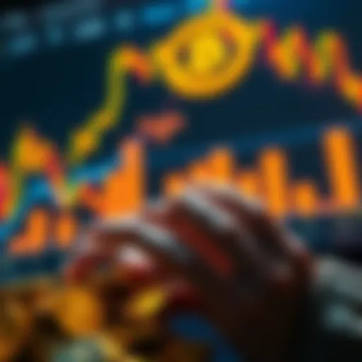 A person examining gold coins while charts of Bitcoin and Ethereum are displayed in the background, symbolizing a shift in investment strategy.