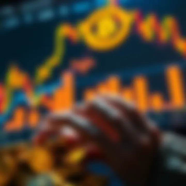 A person examining gold coins while charts of Bitcoin and Ethereum are displayed in the background, symbolizing a shift in investment strategy.