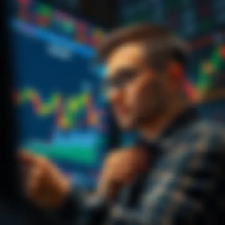 A young investor looking at stock market charts with a thoughtful expression, surrounded by graphs showing volatility and trends, symbolizing market analysis.