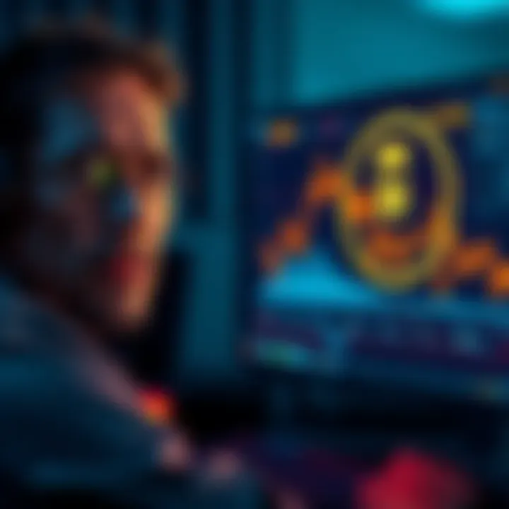 Disappointed investor staring at a computer screen showing the sharp decline of Kaspa cryptocurrency's value, with a sad expression.