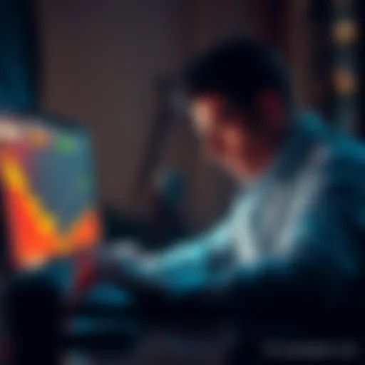 A distressed investor looking at a declining crypto portfolio on a laptop screen, with graphs showing losses and a sad expression.