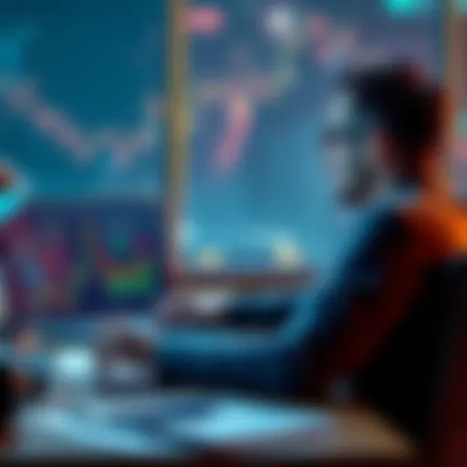 A determined investor sits at a desk, looking at a laptop displaying stock market charts and SpaceX logos, while dreaming of a trip to Peru with his girlfriend.