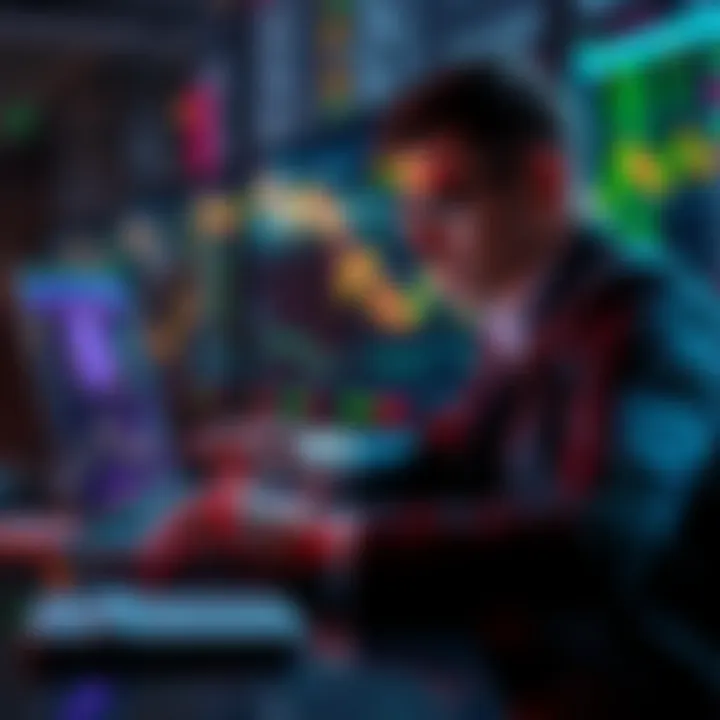 A person studying market graphs and charts on a laptop, looking for buying opportunities in a financial downturn.