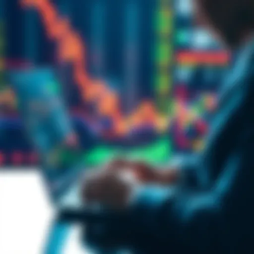 A person reviewing stock market data on a laptop, showing a downward trend line with financial graphs and charts around them, symbolizing market dip analysis.