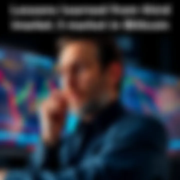 An experienced investor looks thoughtful while analyzing Bitcoin charts during a market decline, with graphs showing downward trends on a screen.