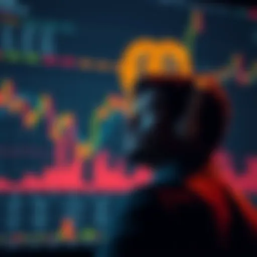 A person contemplating Bitcoin investment with charts and graphs in the background depicting market trends