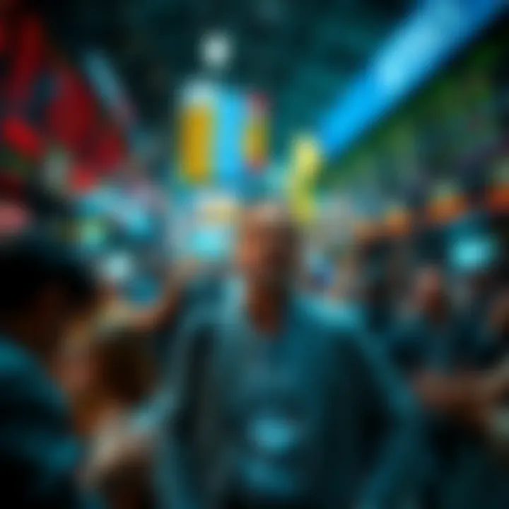 A calm investor is buying stocks while others show panic around them in a chaotic market scene.