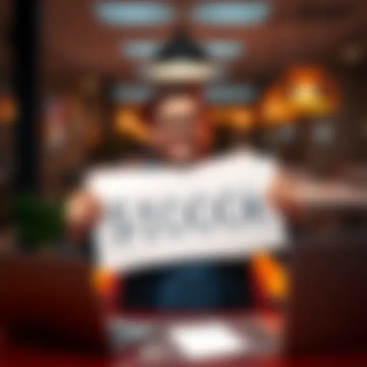 An investor smiling and holding a sign that says $100,000, surrounded by financial documents and a laptop