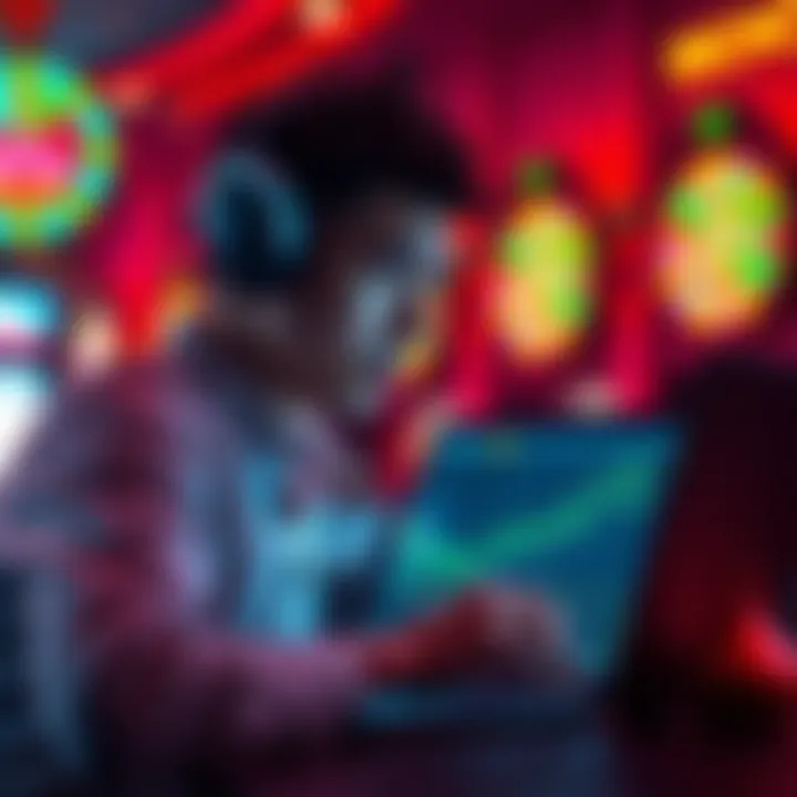 An investor looking worried while checking cryptocurrency charts on a laptop, with a blurred casino background, symbolizing the gamble nature of crypto.