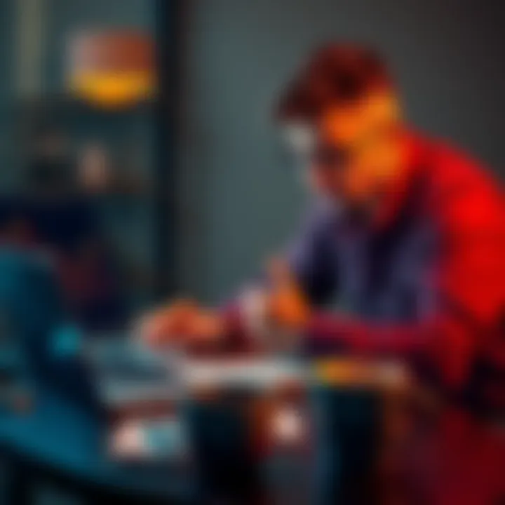 An investor looks worried while checking cryptocurrency charts on a laptop, surrounded by notes and a coffee cup.