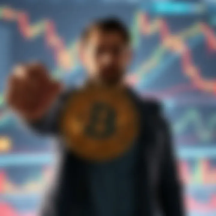 An investor proudly holding a bitcoin symbol after selling stocks for the investment, with a background of stock market charts and bitcoin graphics
