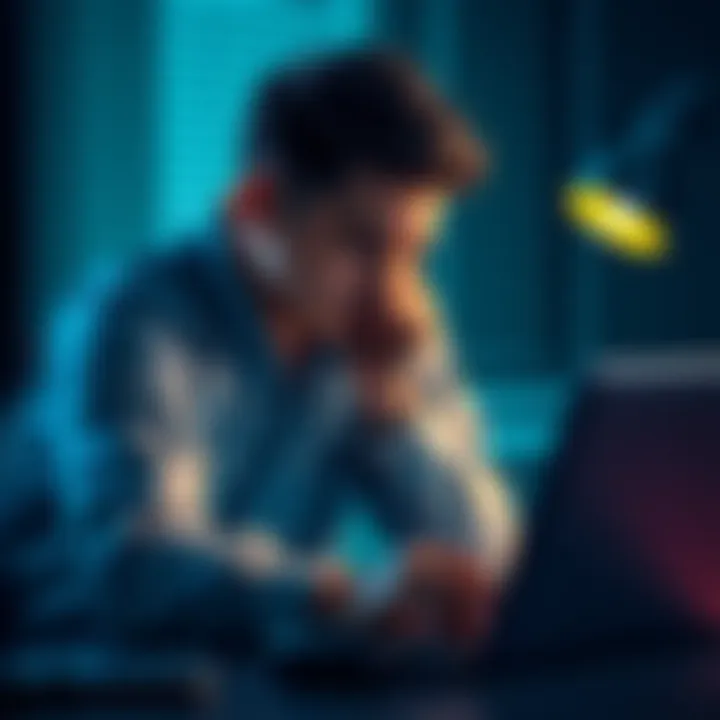 A defeated crypto investor sits at a desk, looking at a laptop with a sad expression, reflecting on their decision to sell all their investments. Tears are visible on their cheeks as they think about ...