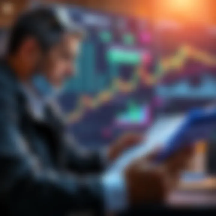 A focused investor reviewing stock charts and financial documents while managing their portfolio.