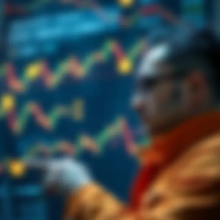 Investor Looking at Market Chart A worried investor examines a digital market chart with cryptocurrency symbols, reflecting on past losses and seeking new perspective.