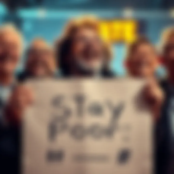 Investor Mockery A group of investors laughing while holding a sign that reads 'Stay Poor' targeted at non-investors, showcasing their attitude towards wealth.