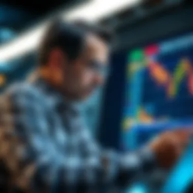 An investor looking at a chart showing market fluctuations, contemplating a reinvestment after selling at a higher price.