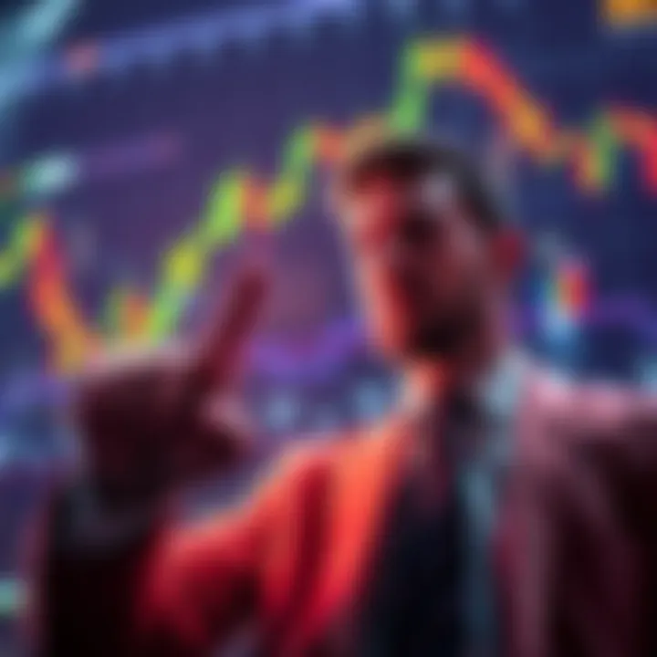 An investor looking at a Bitcoin chart with a finger pointing downwards, symbolizing selling at a high price.