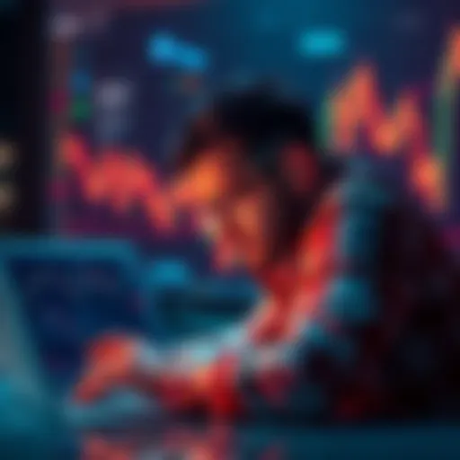 An investor looking at charts on a laptop with Solana logos and a fluctuating graph in the background, showing considerations of holding or selling their investment.