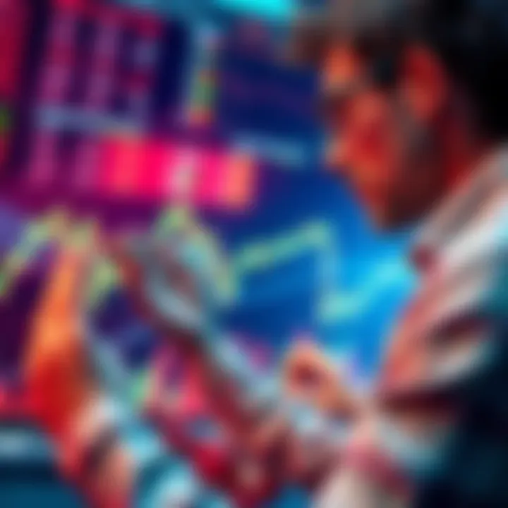 A person examining a stock market chart showing a dip while holding chips in hand