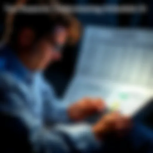 A new investor looking at IRS Schedule D documents with a calculator and laptop, trying to understand taxable events and trading totals