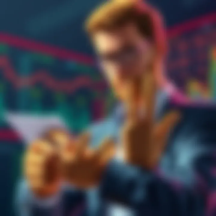 Illustration of an investor examining stock charts with wooden hands, representing the term 'paper hands' in investing discussions.