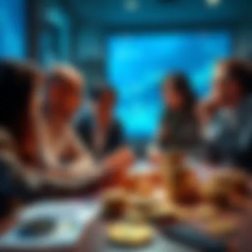 A group of people engaging in conversation about the potential rise of a cryptocurrency priced under 10 cents, with charts and coins visible on a table.