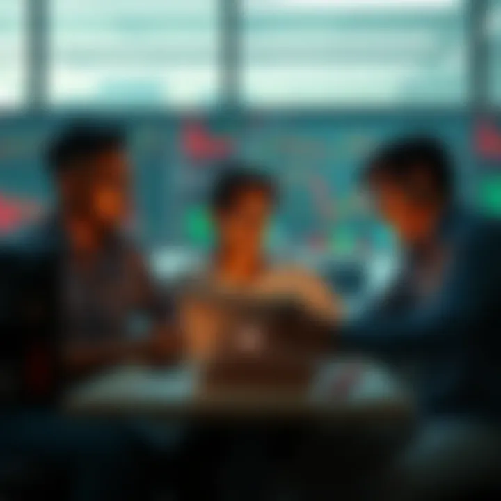 Group of investors analyzing cryptocurrency price charts with mixed emotions in a modern office setting