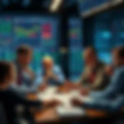 A group of investors sitting around a table, analyzing charts and discussing whether to buy stocks or wait, showing a mix of opinions and emotions.