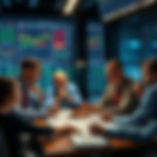 A group of investors sitting around a table, analyzing charts and discussing whether to buy stocks or wait, showing a mix of opinions and emotions.