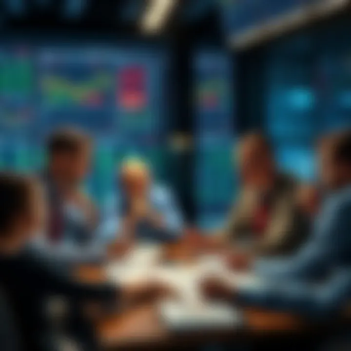 A group of investors sitting around a table, analyzing charts and discussing whether to buy stocks or wait, showing a mix of opinions and emotions.