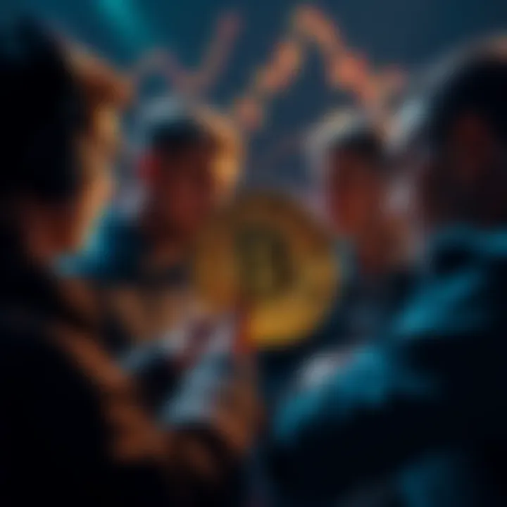 A group of people discussing cryptocurrencies, with one person holding a Pi coin and others looking at charts of various coins, showing a shift in investment preferences.